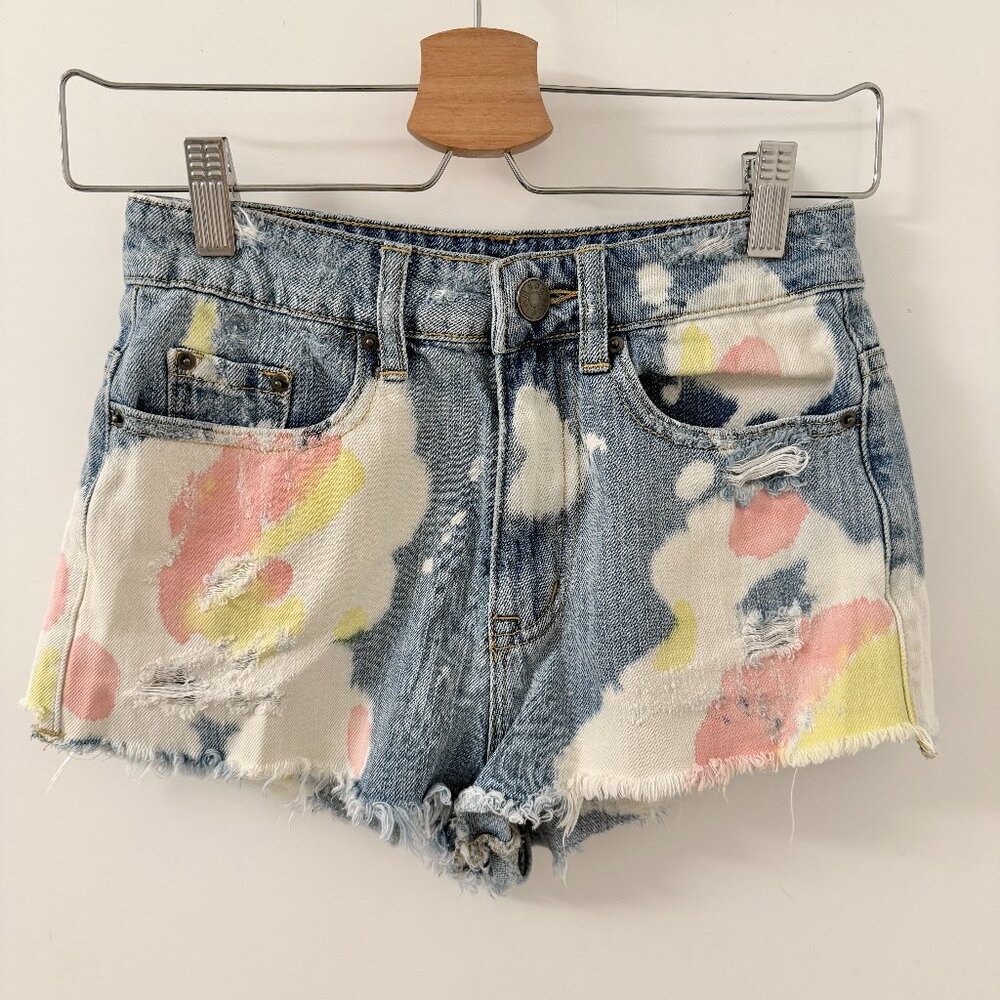 BDG Urban High Rise Dree Cheeky Tie Dye Splatter Festival Jean Shorts Size 25